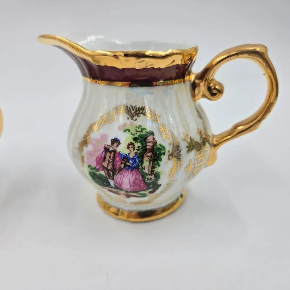 Vintage Victorian SUGAR & CREAMER with GOLD TRIM Floral Cameo Scene Iridescent